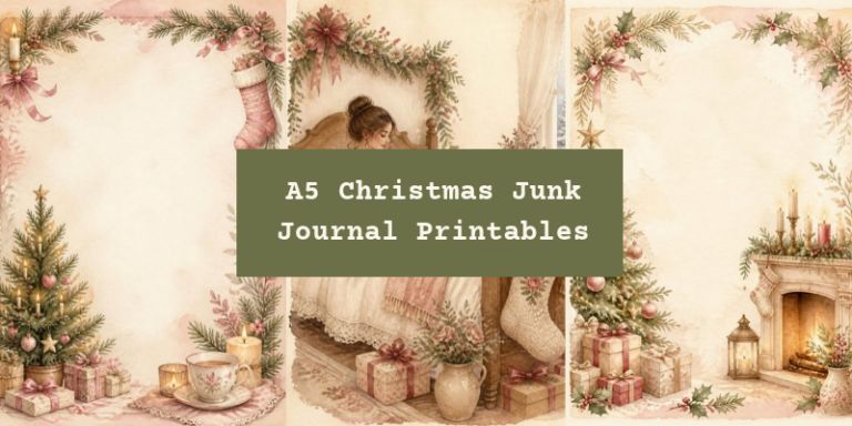 A5 Christmas Junk Journal Printables with various soft, vintage Christmas inspired images including holly, Christmas trees, snow, candles, open fire