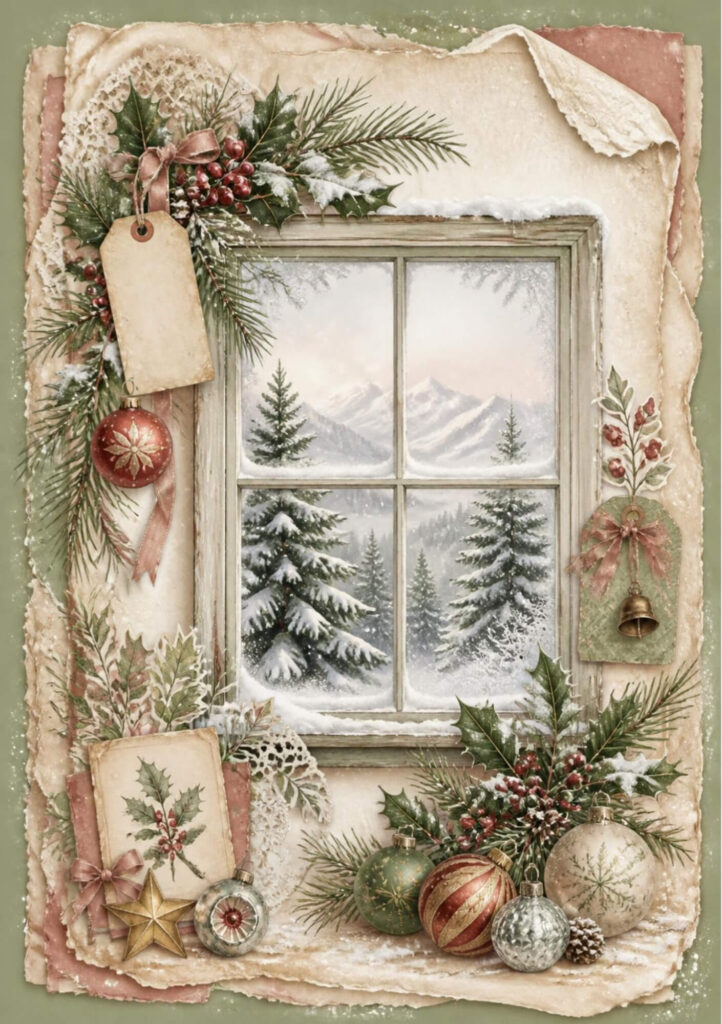 A5 Christmas window scene spread with a snowy mountain view, with baubles, holly, pine cones, pine needles, ripped aged paper layers and gift tags to the border