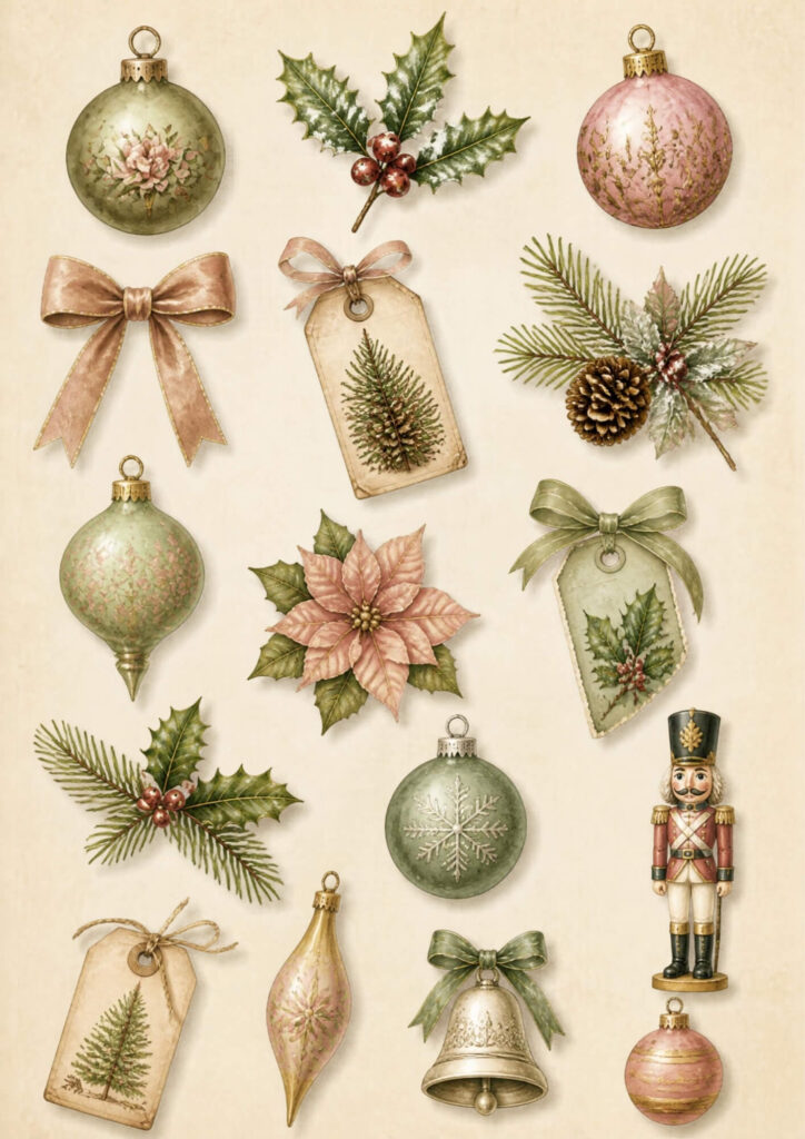 A5 Christmas elements page with a green bauble, pink bauble, holly, gift tags, poinsettia and a nutcracker