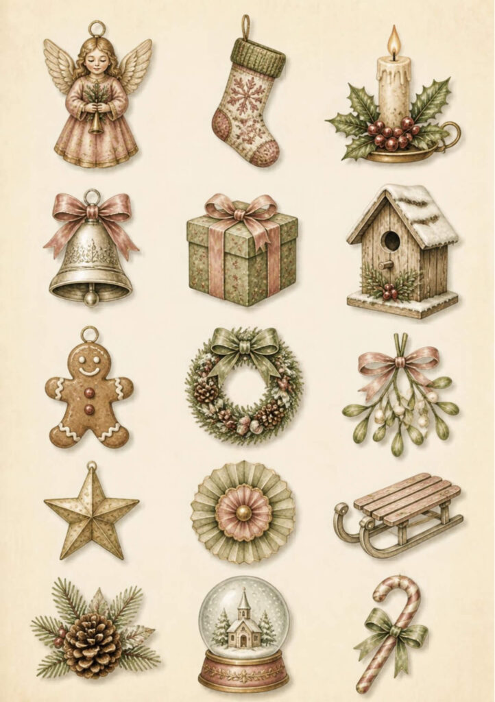 A5 Christmas elements page with an angel, stocking, candle, bell, gift box, birdhouse, gingerbread man, wreath, mistletoe, star, sleigh, pinecone, snow globe and candy cane