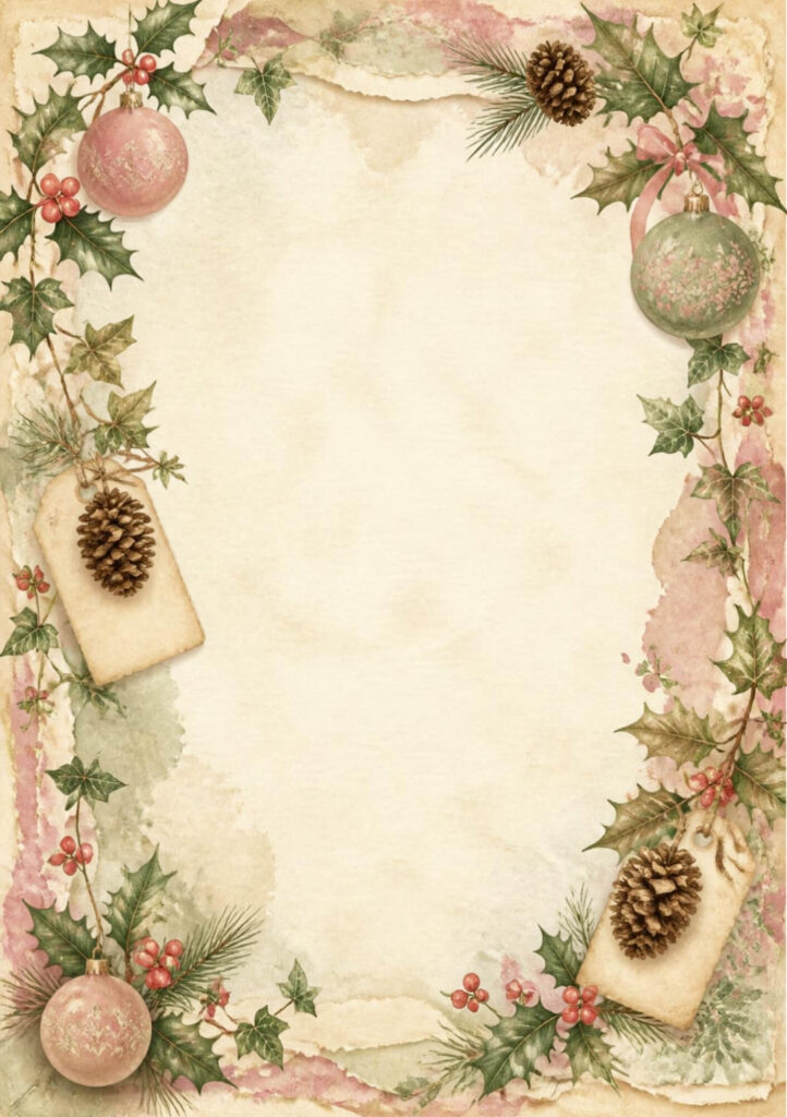 A5 Christmas spread with pink and green hanging baubles, ivy, pinecones and gift tags in the corners
