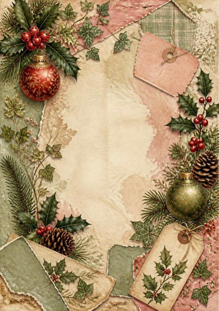 A5 Christmas junk journal spread with a green bauble, pink bauble, holly and a pine tree gift tag