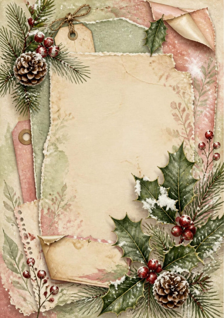A5 vintage Christmas collage spread with a pine cone and berries, holly and berries, and torn paper layers