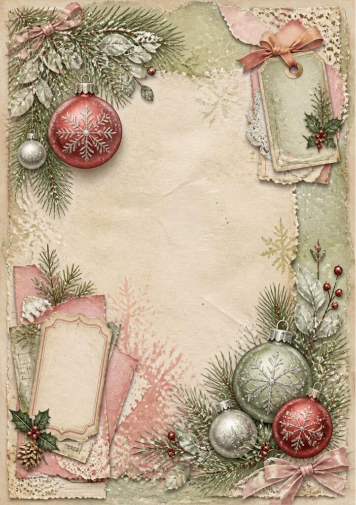 A5 Christmas spread with layered torn paper, green, red and silver baubles, snow, layered ripped paper and gift tags in soft tones