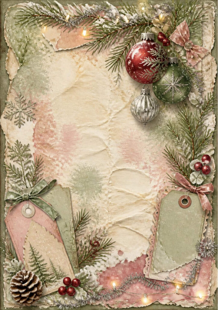 A5 Christmas junk journal spread with red, green and silver baubles, snowflakes and blank tags with ripped paper in the background and pink bows and fairy lights