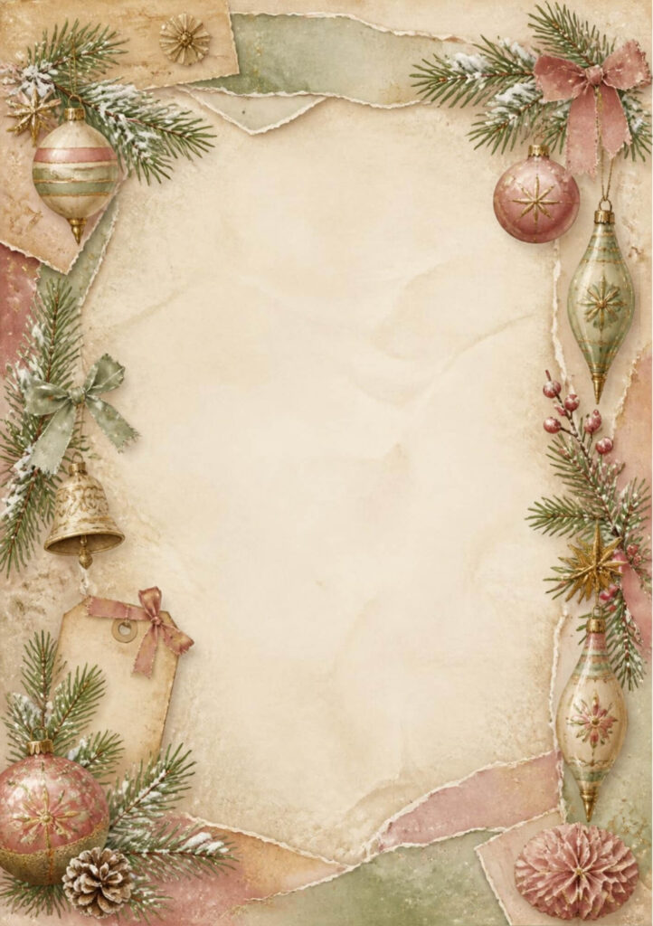 A5 Christmas junk journal spread with vintage pink, green and cream baubles, a bell bauble, pine branches with berries, pine cone, vintage gift tag in bottom left corner and ripped paper layers in soft pinks, greens and aged cream.