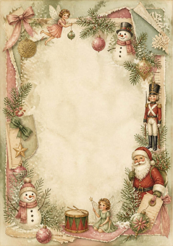 A5 vintage Christmas spread with fairies, a snowman, a toy soldier and hanging ornaments mixed amongst snowy pine leaves