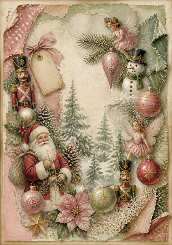 A5 Christmas junk journal spread with Santa, a snowman, fairies, a nutcracker and a poinsettia with layered ripped paper and gift tag with pink bow, old lace and snow covered trees to the background.