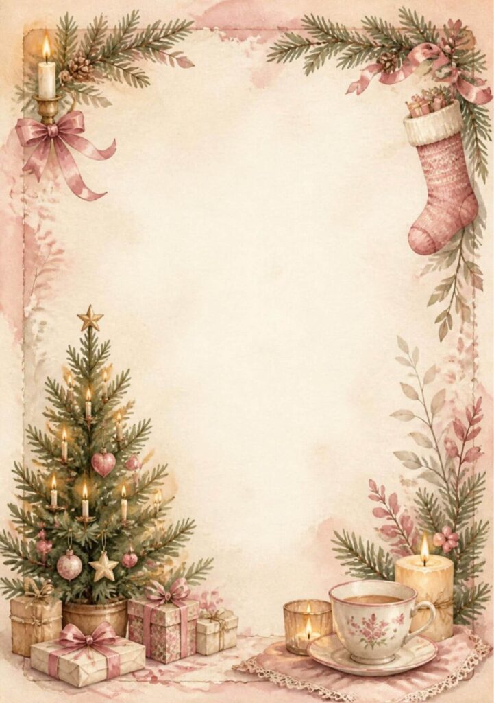 A5 Christmas junk journal spread with a pink stocking, candlelit tree, wrapped gifts and a teacup on vintage cream paper
