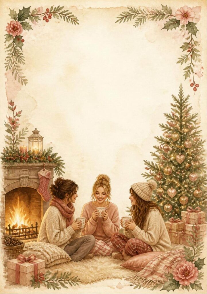 A5 Christmas spread with three friends in cosy jumpers sharing hot drinks by a fireplace and Christmas tree