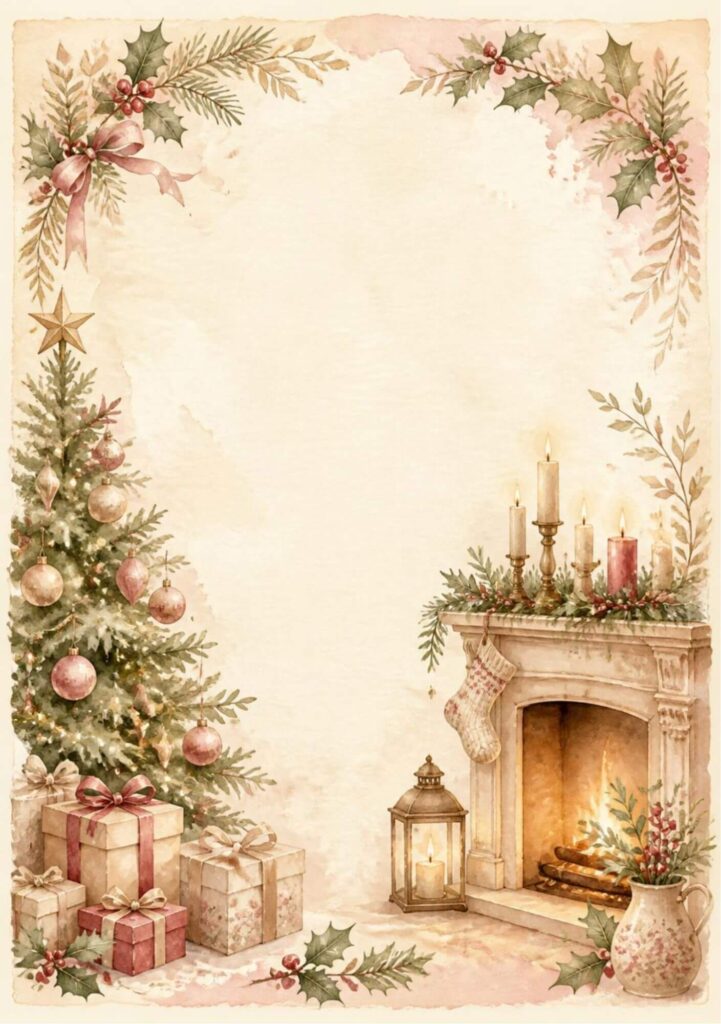 A5 vintage Christmas page with a decorated tree, presents, holly and a fireplace with candles and a stocking