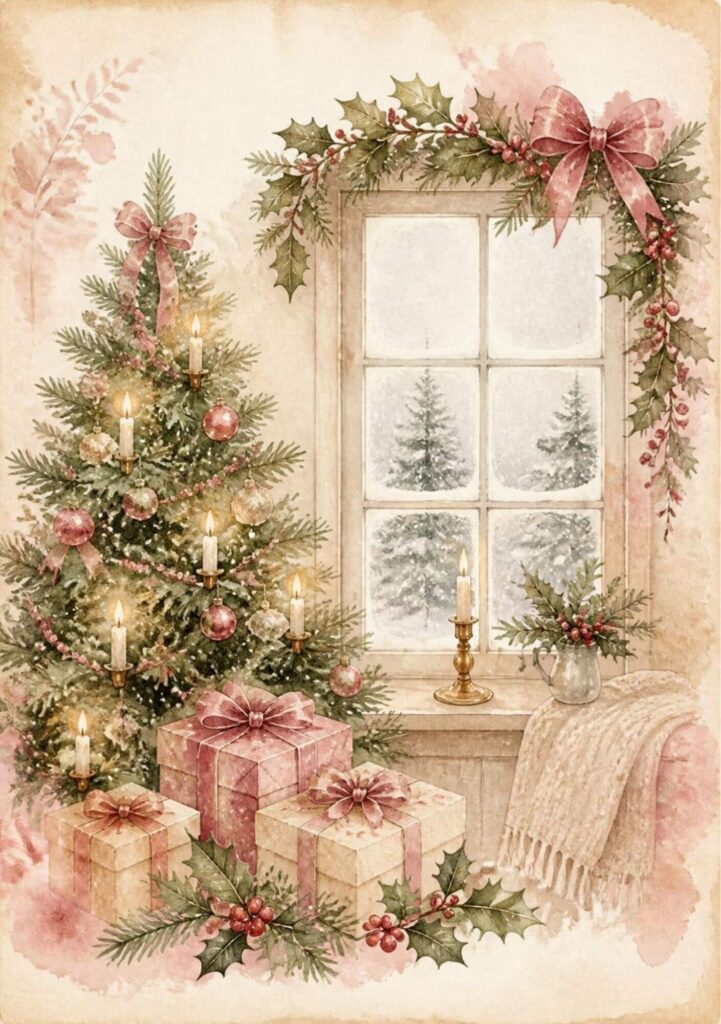A5 Christmas scene with a candlelit tree, presents and a frosty window with a holly garland and pink bow