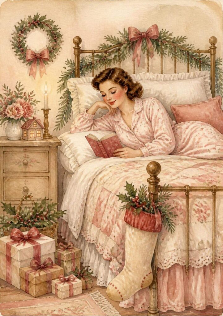 A5 Christmas spread with a woman in pink pyjamas reading in a brass bed with a pine garland and stocking
