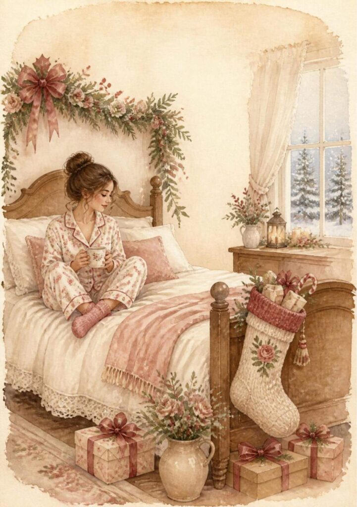 A5 Christmas morning scene with a woman in floral pyjamas holding a hot drink on a bed beside a stocking and snowy window