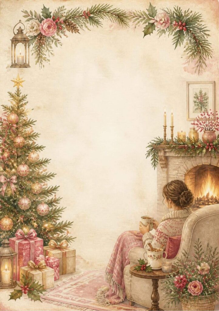A5 Christmas page with a woman in an armchair by the fire with a hot drink, a decorated tree and gifts