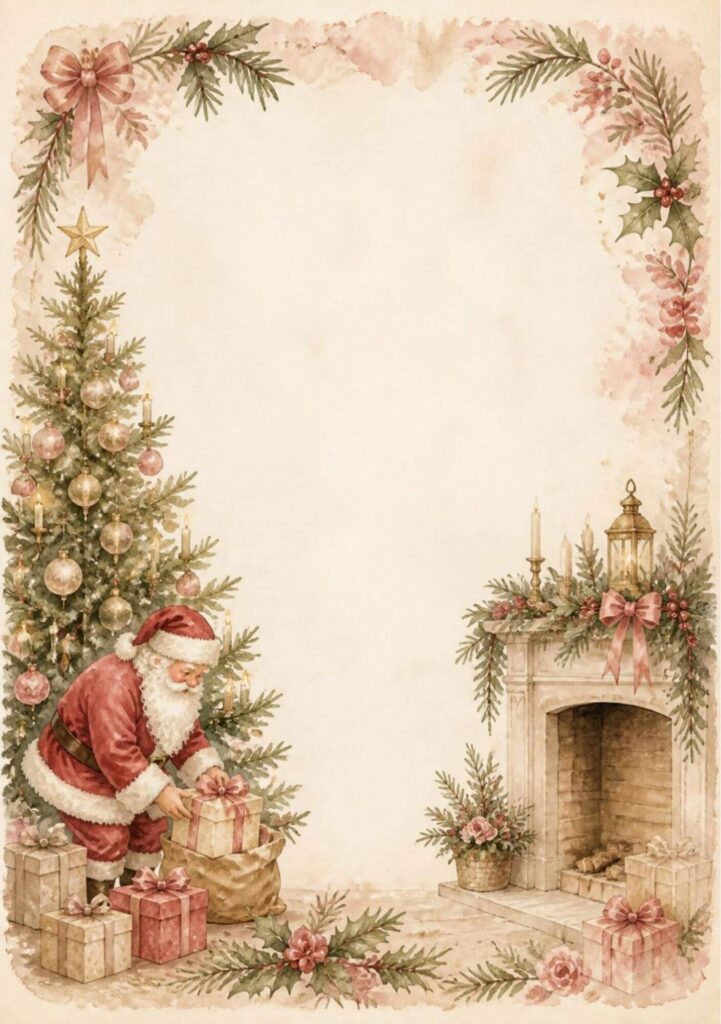A5 vintage Christmas spread with Santa placing presents under a tree beside a fireplace