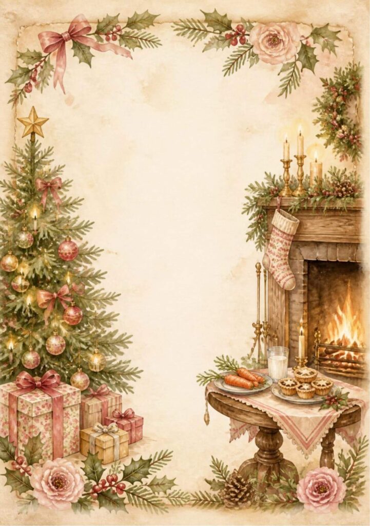 A5 Christmas Eve page with mince pies, milk and carrots on a table by the fireplace, with a tree and presents