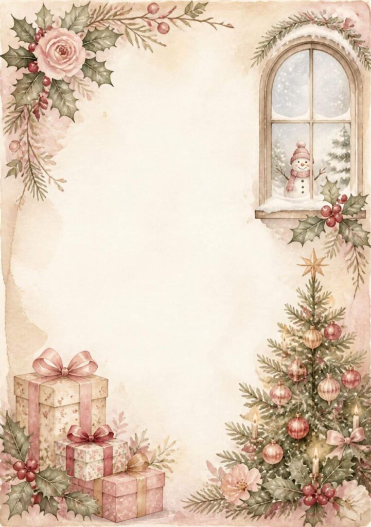 A5 Christmas page with a snowman in an arched window, a decorated tree, gifts and holly