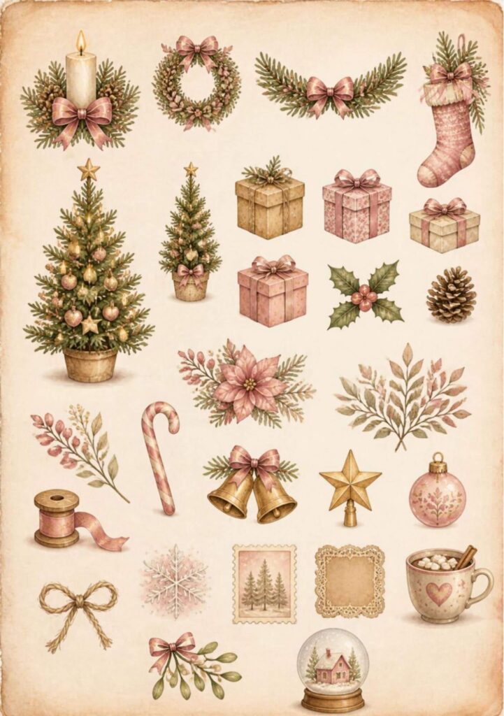 A5 Christmas elements page with pink and gold wreath, stocking, gifts, bells, candy cane, baubles and snow globe