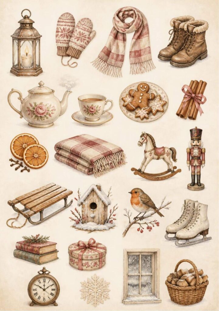 A5 winter elements page with lantern, mittens, scarf, gingerbread, nutcracker, rocking horse, robin and ice skates
