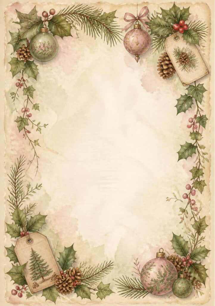 A5 Christmas Baubles Junk Journal Printables with green and pink baubles, holly, pinecones and gift tags on aged paper