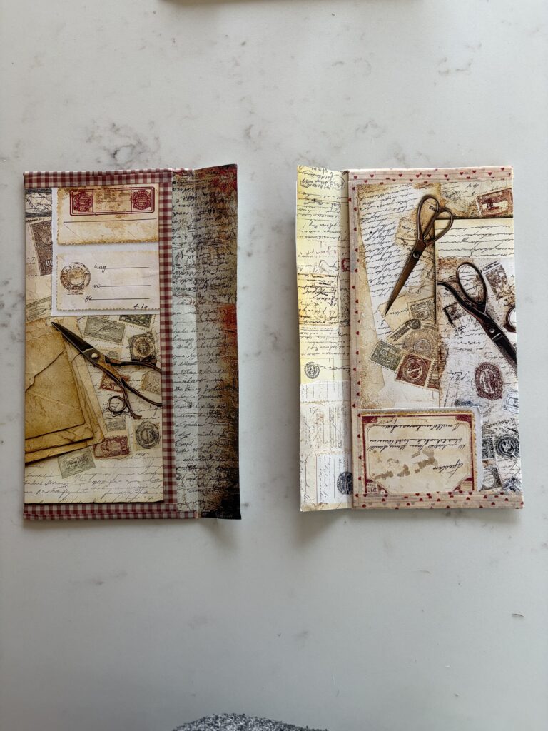 Two old envelopes covered with junk journal ephemera