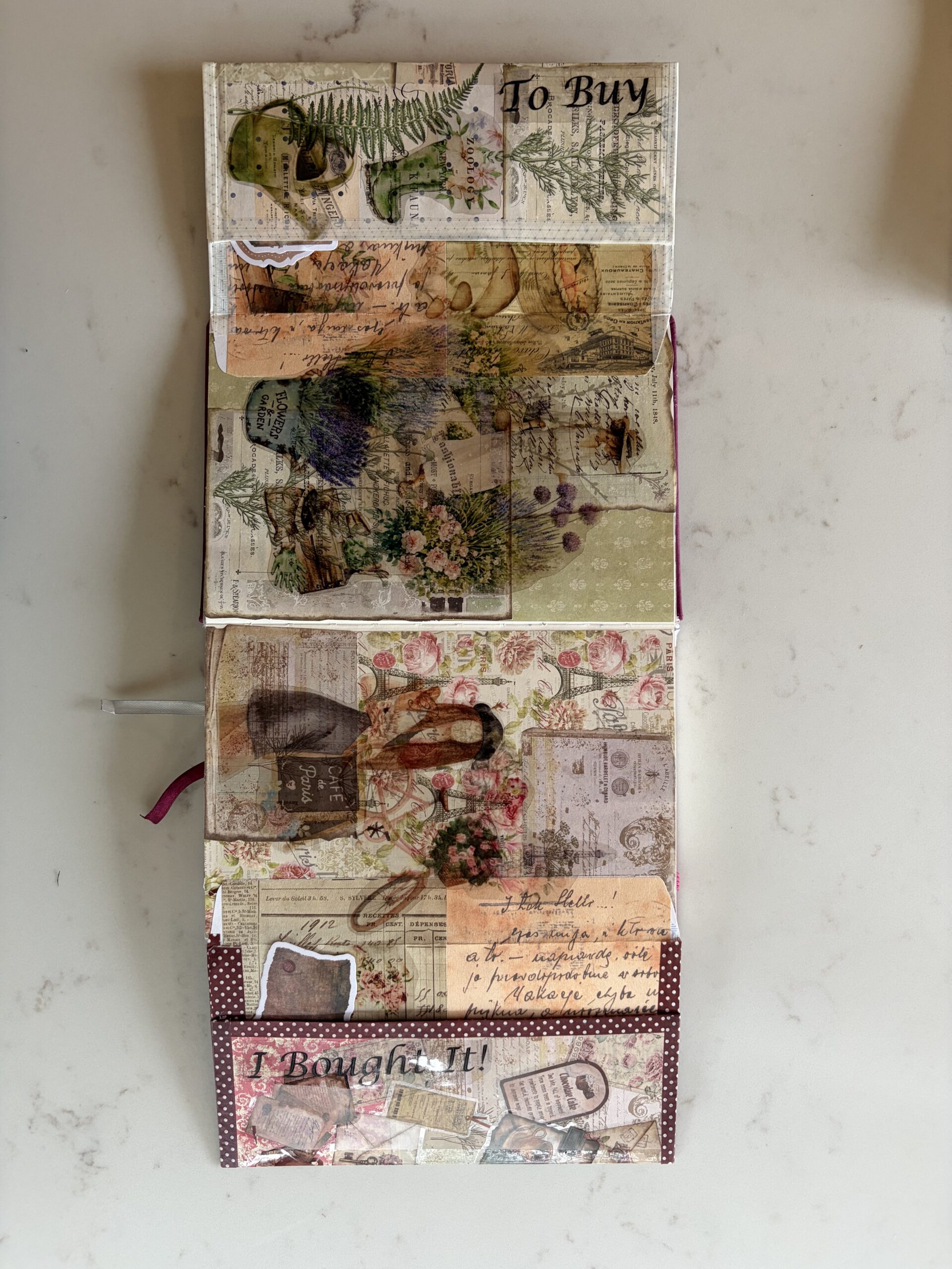 Example of two envelopes inside a junk journal spread opened right up to show the full spread