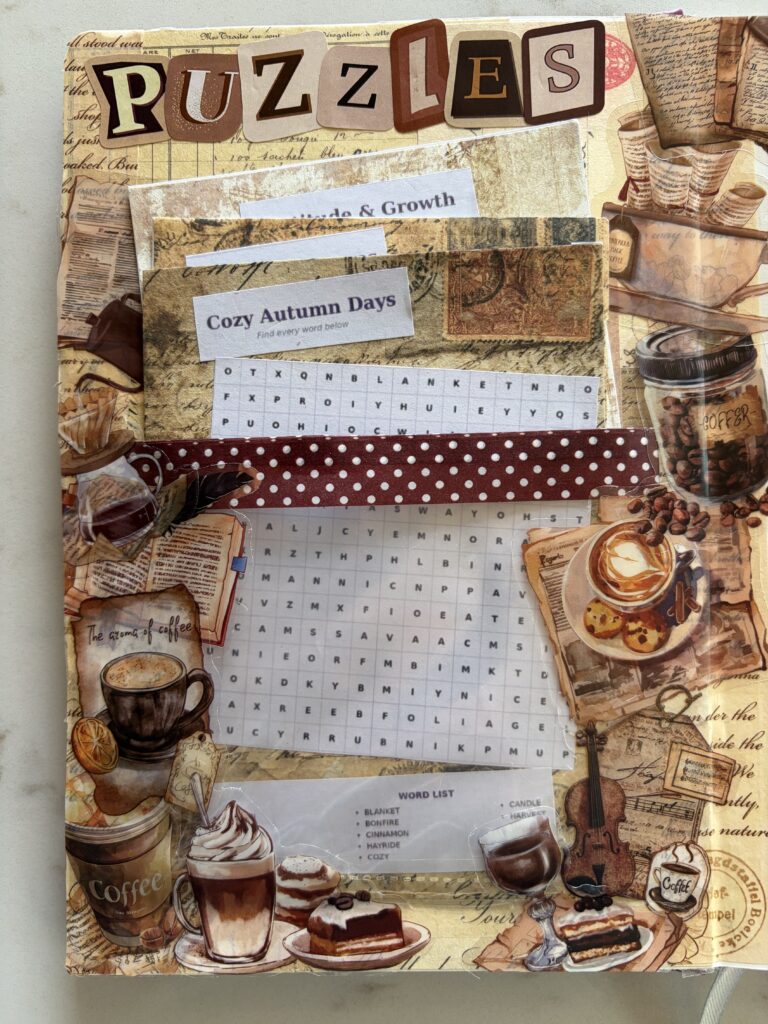 puzzles junk journal spread with word search puzzles in a plastic pocket