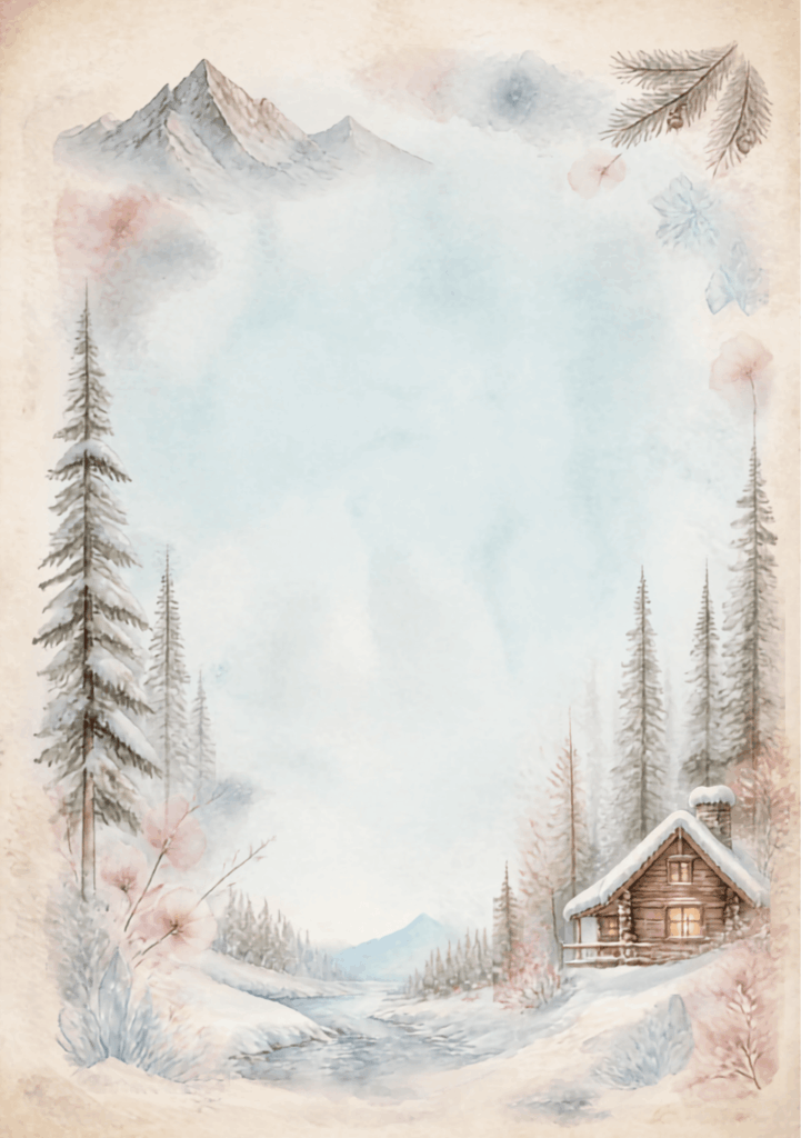 A5 Winter Wonderland Junk Journal Printables Winter Wonderland Scene with log cabin, stream and snowy trees and mountains
