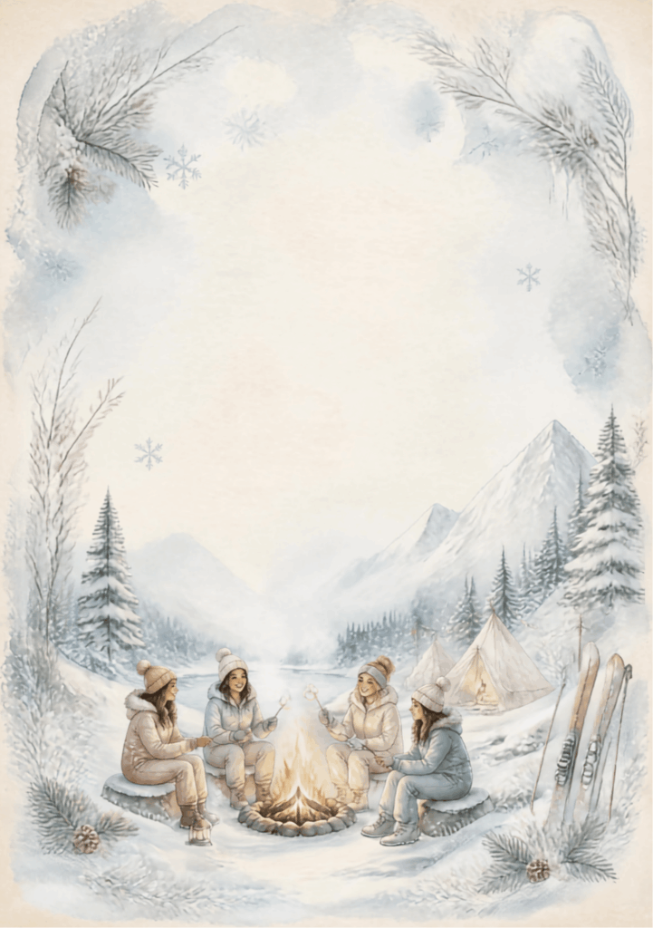 A5 Winter Wonderland Scene with two tents, snowy trees and mountains, four women sat on snowy rocks around a campfire in their snow gear, toasting marshmallows.