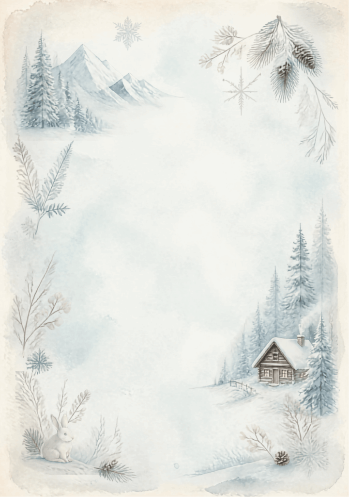 A5 Winter Wonderland Scene with log cabin, snowy trees and mountains, small rabbit to left corner