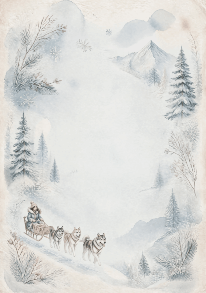 A5 Winter Wonderland Scene with woman on sled with three huskies and snowy trees and mountains
