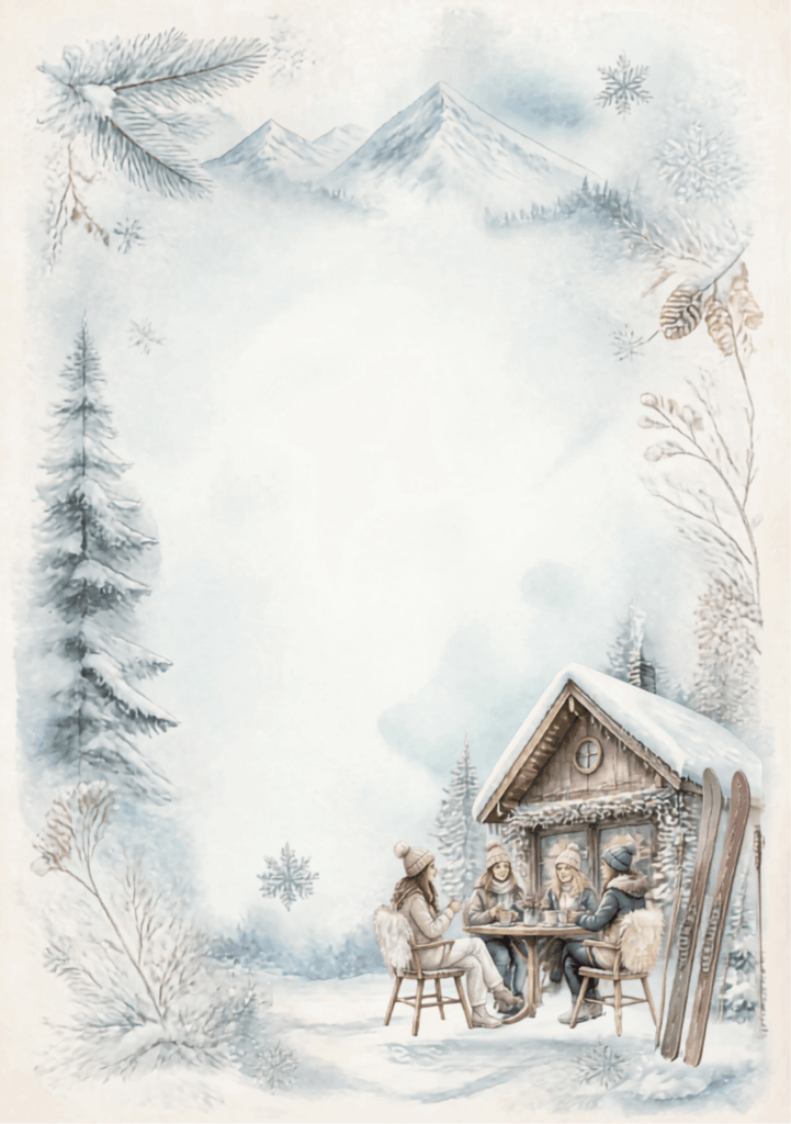 A5 Winter Wonderland Scene with log cabin, snowy trees and mountains and four women sat at a table with warm drinks outside the log cabin. Skis propped up to one side