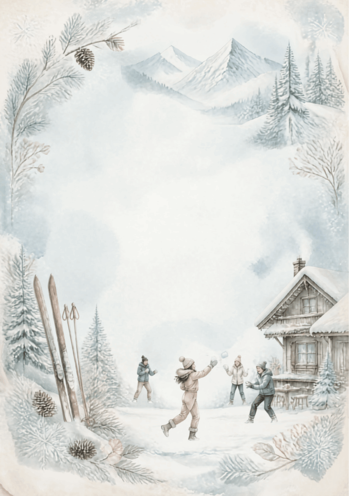 A5 Winter Wonderland Scene with log cabin, snowy trees and mountains, wooden skis propped to the right, and four women in snow outfits having a snowball fight to the centre.