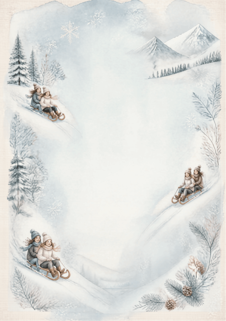 A5 Winter Wonderland Scene with log cabin, snowy trees and mountains, 3 pairs of women on sleds - two to the right side, one pair to the left.