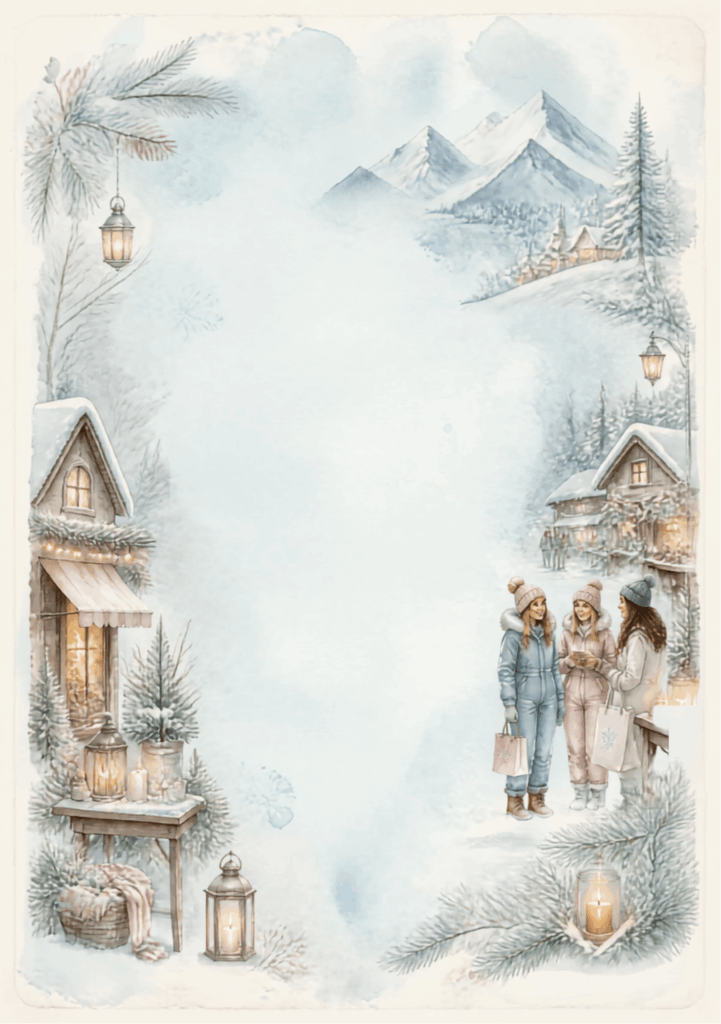 A5 Winter Wonderland Scene with log cabin shops either side, snowy trees and mountains, three women in snowsuits and wooly hats with shopping bags - chatting to the right hand side