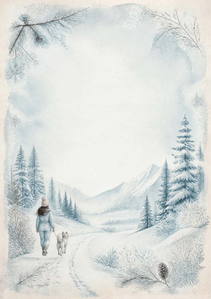 A5 Winter Wonderland Scene with log cabin, snowy trees and mountains, one woman in snow suit walking her husky dog along a snowy path.