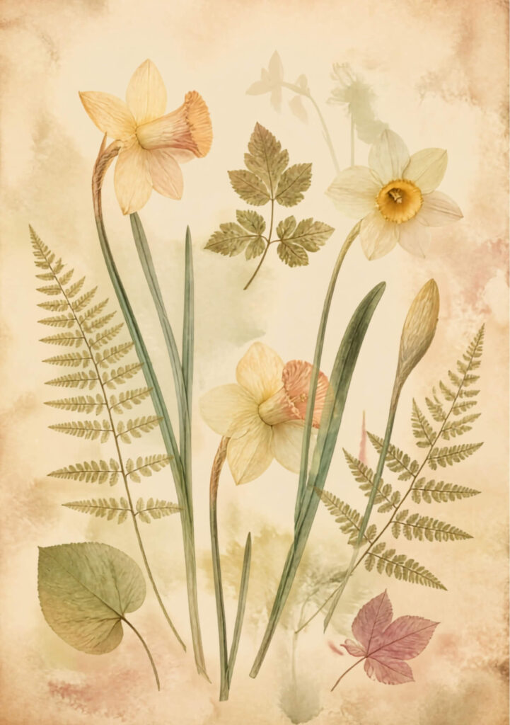 A5 botanical junk journal spread with pressed daffodils, ferns, and pink flowers on an aged paper background