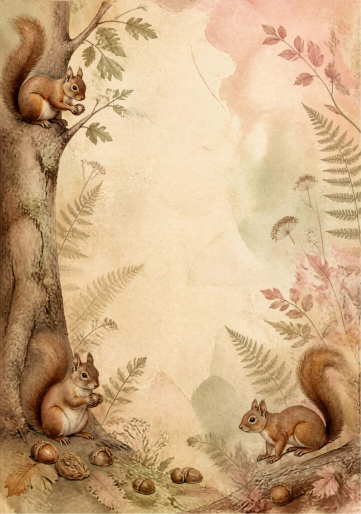 A5 botanical junk journal spread with squirrels, nuts, trees, pink an autumn leaves and ferns on an aged paper background