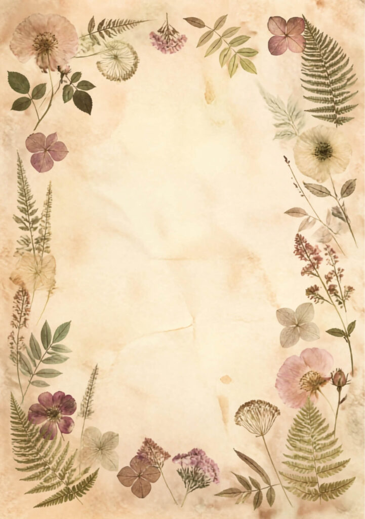 A5 botanical junk journal spread with pink and cream flowers and ferns on an aged paper background