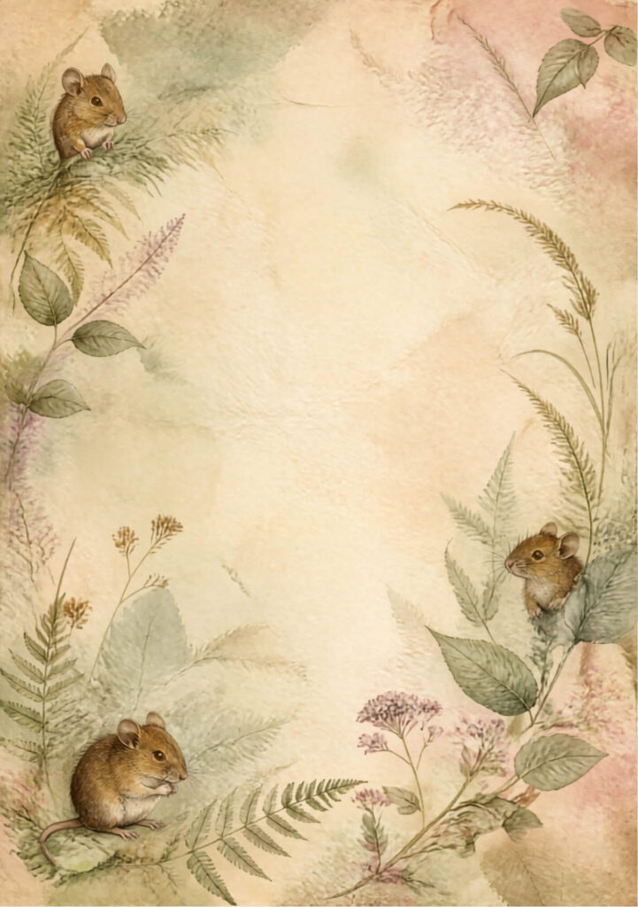 A5 botanical junk journal spread with field mice, grasses pink flowers and ferns on an aged paper background