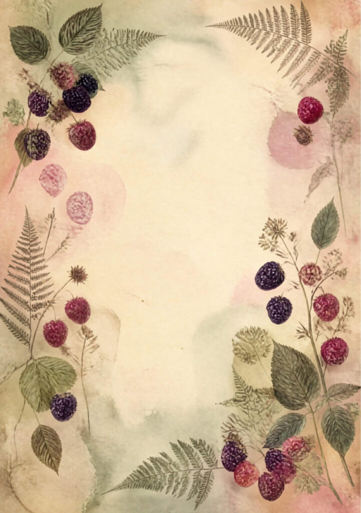 A5 botanical junk journal spread with blackberries and raspberries and ferns and leaves on an aged paper background