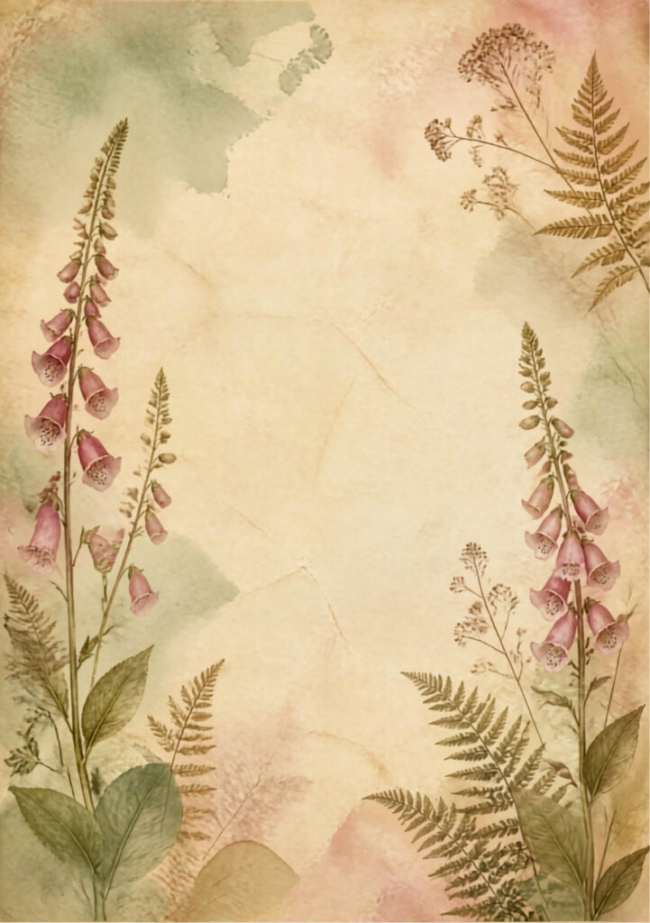 A5 botanical junk journal spread with pink foxgloves and ferns and leaves on an aged paper background