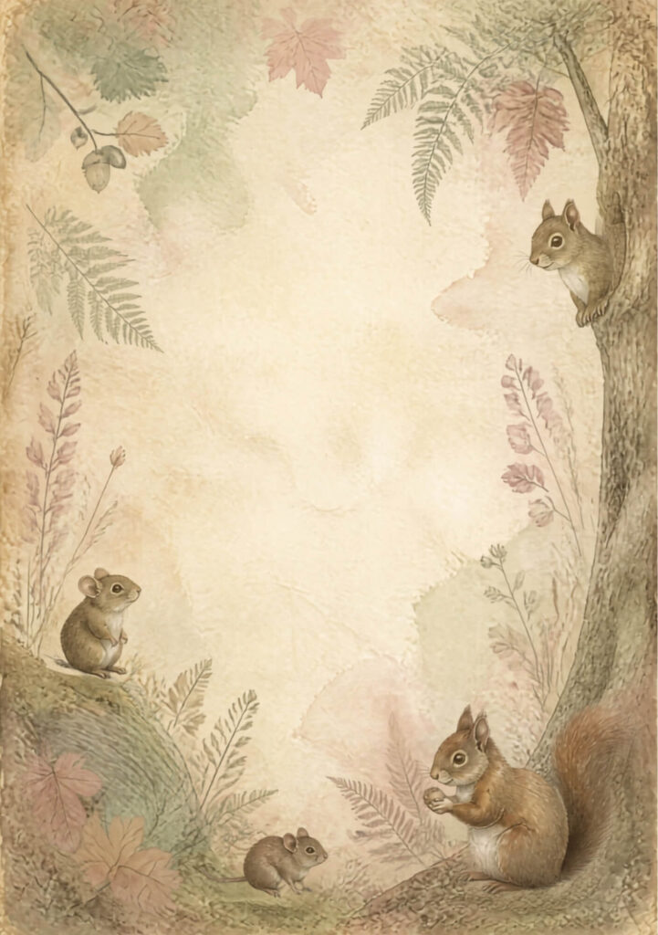 A5 botanical junk journal spread with squirrels and mice, tree trunks and pink and white flowers and ferns on an aged paper background