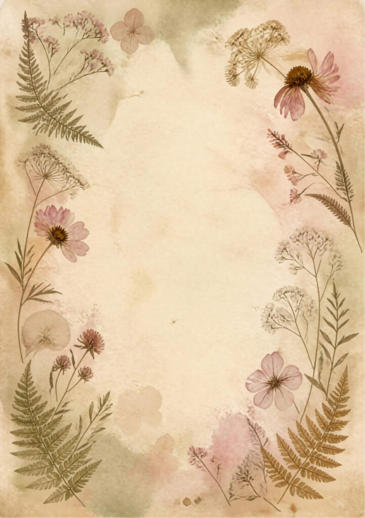A5 botanical junk journal spread with pink and white flowers and ferns on an aged paper background