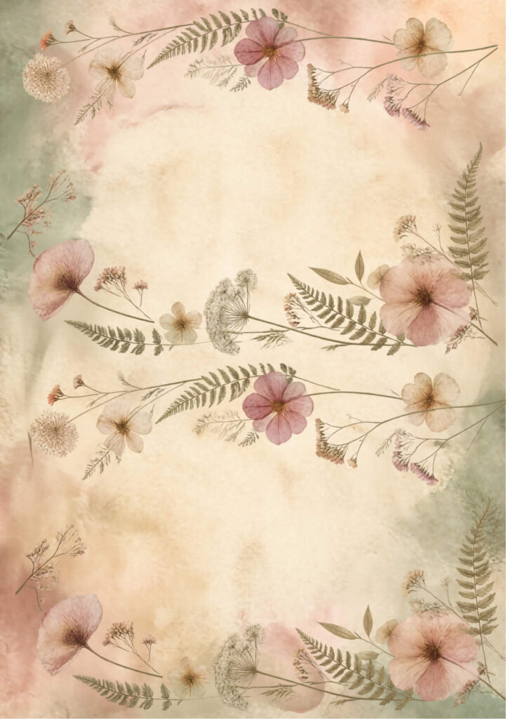 A5 botanical junk journal spread with pink and white flowers and ferns on an aged paper background