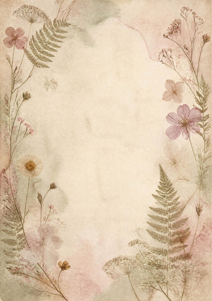 A5 botanical junk journal spread with pink and white flowers and ferns on an aged paper background