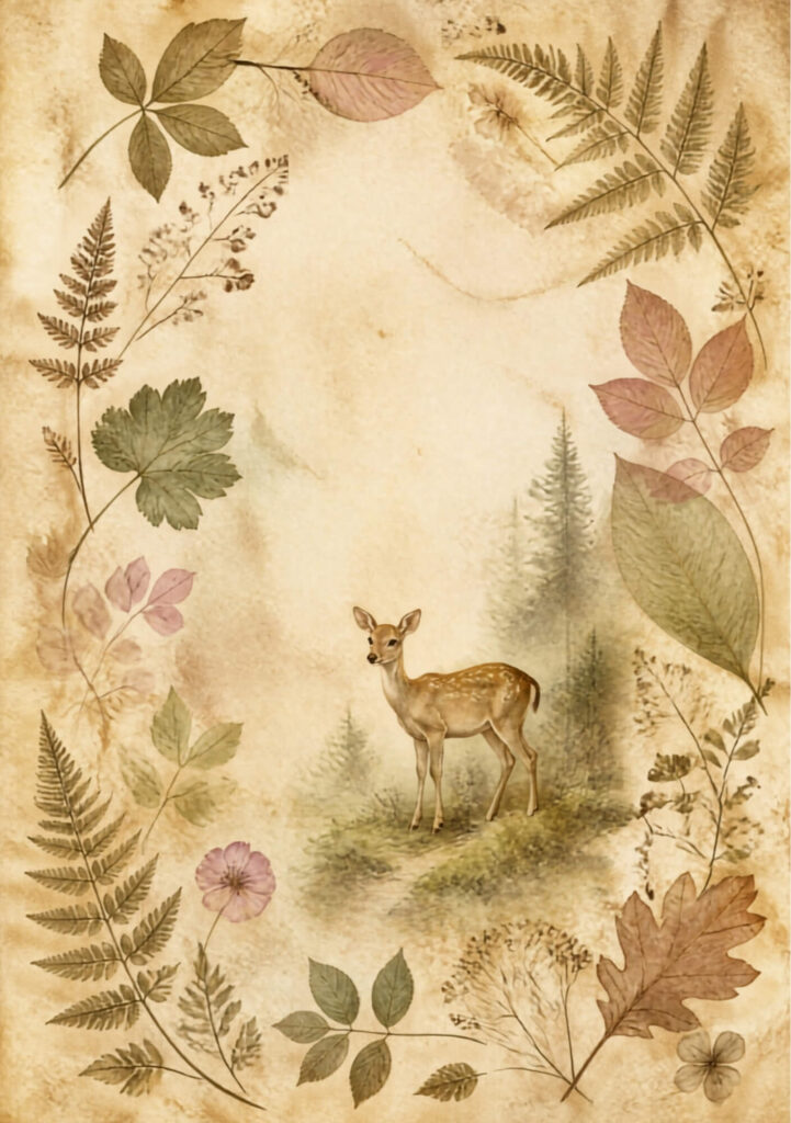 A5 botanical junk journal spread with autumnal leaves and ferns and a deer on an aged paper background