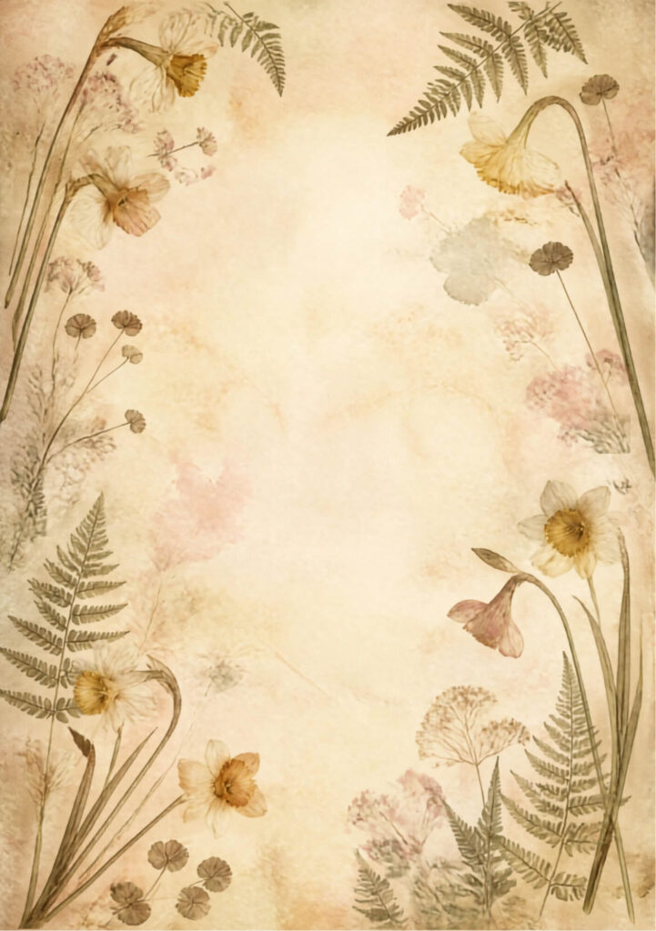 A5 botanical junk journal spread with pressed daffodils, ferns, and pink flowers on an aged paper background