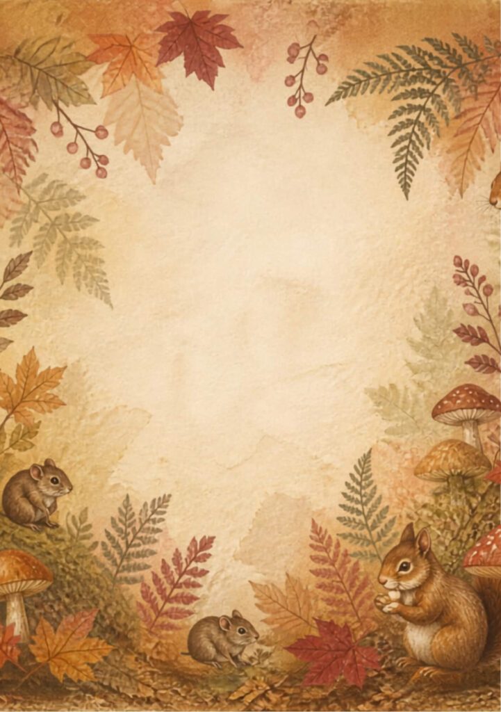 A5 botanical junk journal spread with autumnal leaves, fungi and ferns and mice and squirrels on an aged paper background
